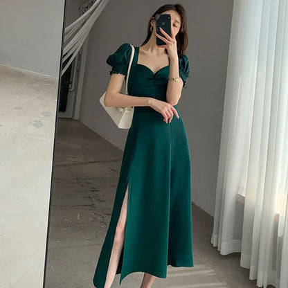 Puff Sleeve Plain Neck Dress Midi Slit Sweetheart A-Line