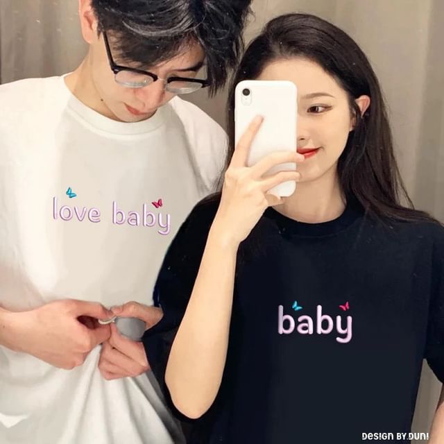 Round Lettering Print Couple Short Neck Sleeve T-Shirt Matching