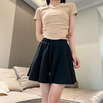 Leg Shorts Waist Wide Drawstring Plain