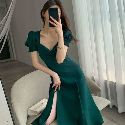 Puff Sleeve Plain Neck Dress Midi Slit Sweetheart A-Line