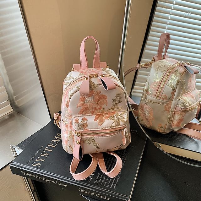 Multi-Pocket Embroidered Flower Backpack