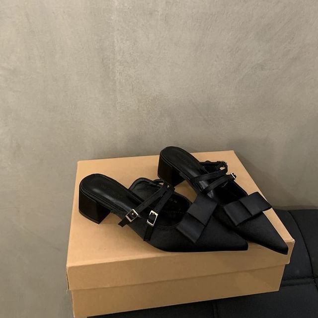 Bow Jane Heel Mary Pointed Toe Mules Chunky
