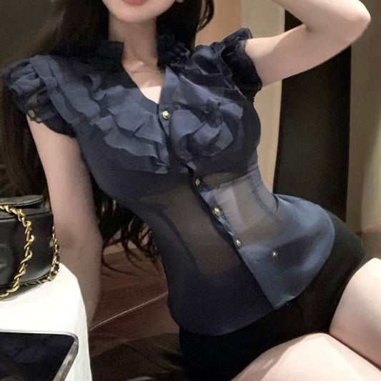 Slim Cap-Sleeve Ruffle Fit Plain Blouse Trim