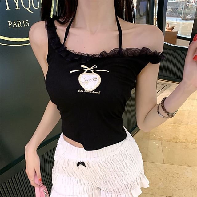 Lace Crop Cartoon Top Cami Print Trim