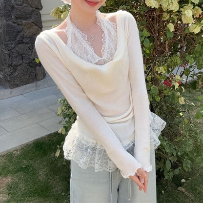 Lace Fit Mock Tee Slim Panel Halter Long-Sleeve Two-Piece