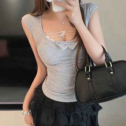 Slim Fit Cap-Sleeve Neck T-Shirt Lace Panel Bra Top / Bow Scoop