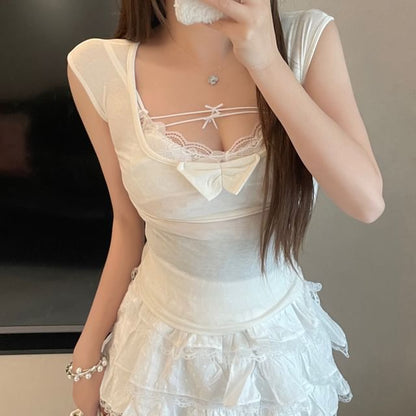 Slim Fit Cap-Sleeve Neck T-Shirt Lace Panel Bra Top / Bow Scoop
