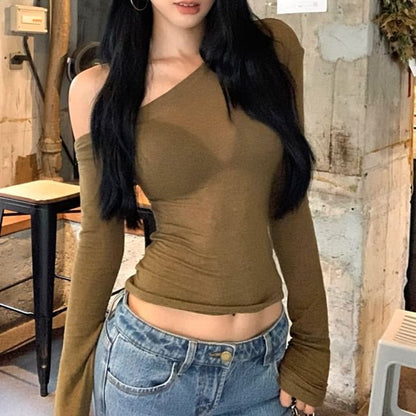 One-Shoulder Long-Sleeve Plain Asymmetrical Crop Slim Neck Fit T-Shirt