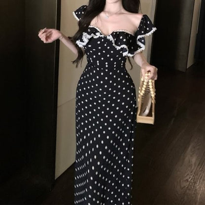 Lace Top Cap-Sleeve / Ruffle Trim Tank Sheath Dress Maxi Slim Dotted Fit