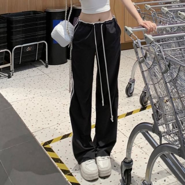 Pants Fit Loose Striped Drawstring Crop Tee Off-Shoulder Trim Waist Short-Sleeve / Plain