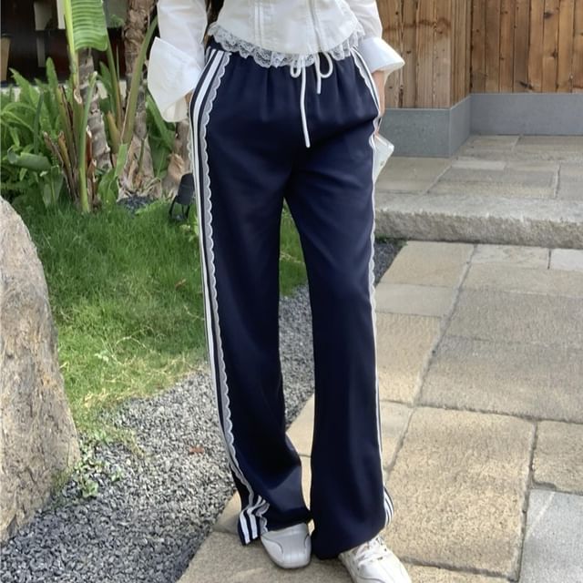 Shoulder Drawstring Pants Waist Cold / Long-Sleeve Fit Loose Lace Blouse Zip-Up Crop Striped Trim