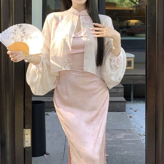 V-Neck Slit Floral Dress Frog Mandarin Sheath Strap Jacquard Print / Spaghetti Jacket Maxi Collar Light Closure