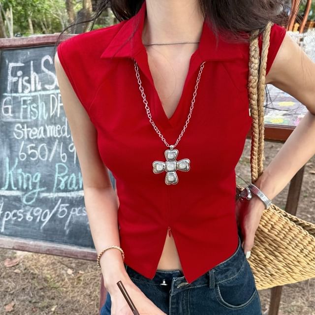 Slit Top Plain Collared Sleeveless Crop Zipped Fit Slim
