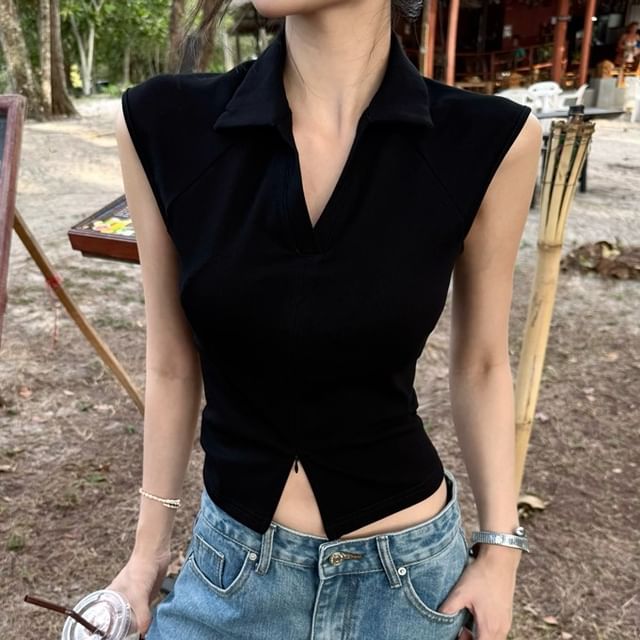 Slit Top Plain Collared Sleeveless Crop Zipped Fit Slim