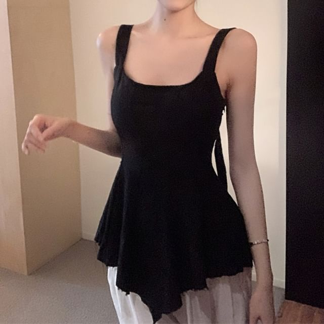 Peplum Tank Jacquard Frayed Top Asymmetrical Scoop Neck