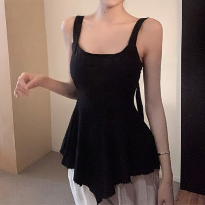 Peplum Tank Jacquard Frayed Top Asymmetrical Scoop Neck