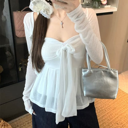 Accent Neckline Cardigan Sweetheart Bow Flowy Tube Plain Button-Up Round Neck Top / Crop