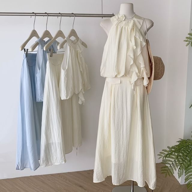 High Midi Blouse Set: Rise Plain Skirt Ruffle + Halter A-Line
