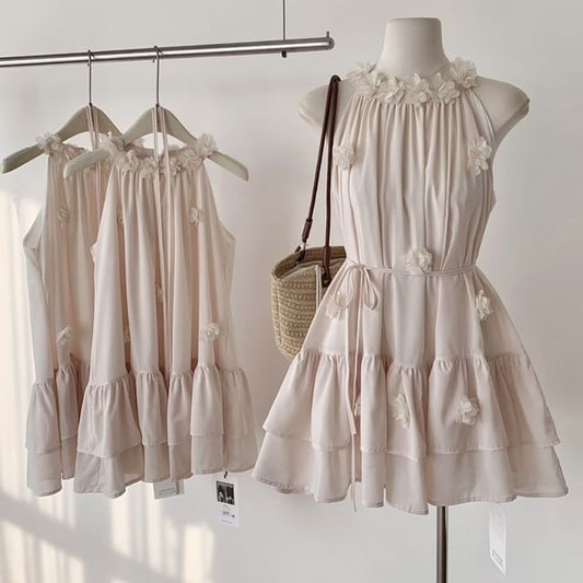 Flower Halter Detail Plain Sundress Ruffle Mini