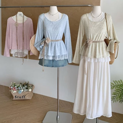 Long-Sleeve Lace Round Trim Neck Tee Plain