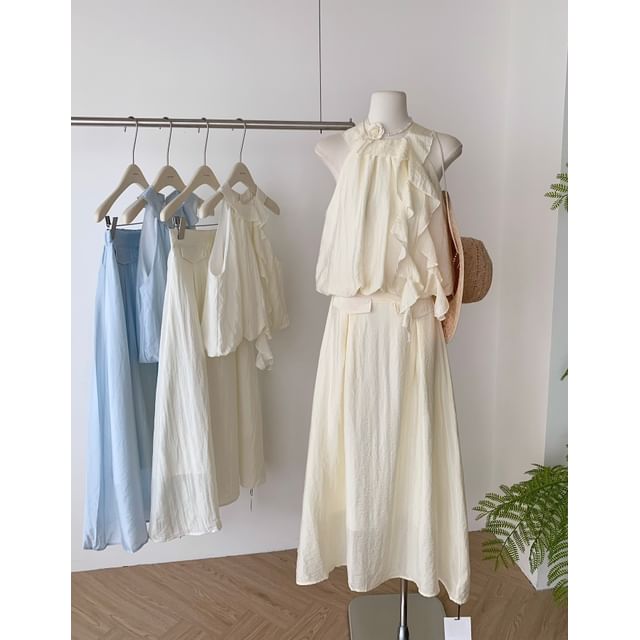 High Midi Blouse Set: Rise Plain Skirt Ruffle + Halter A-Line