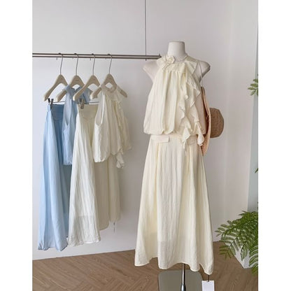High Midi Blouse Set: Rise Plain Skirt Ruffle + Halter A-Line