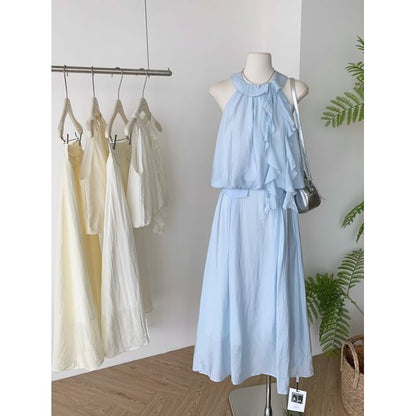 High Midi Blouse Set: Rise Plain Skirt Ruffle + Halter A-Line