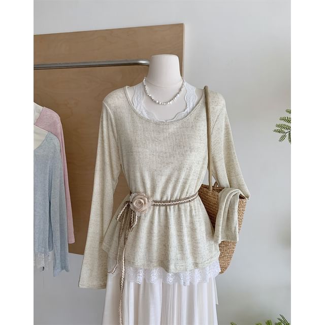 Long-Sleeve Lace Round Trim Neck Tee Plain