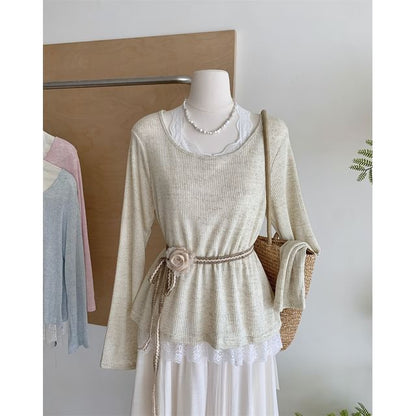 Long-Sleeve Lace Round Trim Neck Tee Plain