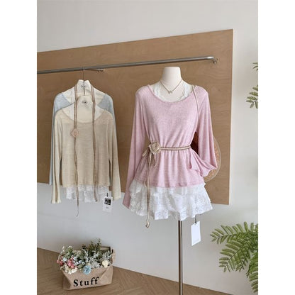 Long-Sleeve Lace Round Trim Neck Tee Plain