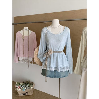 Long-Sleeve Lace Round Trim Neck Tee Plain