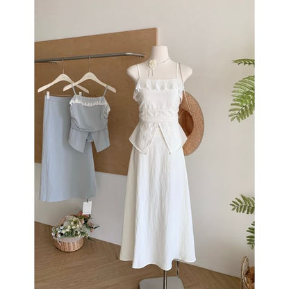 Lace Midi Set: High Plain Top Front-Slit Rise Trim Camisole + Skirt A-Line