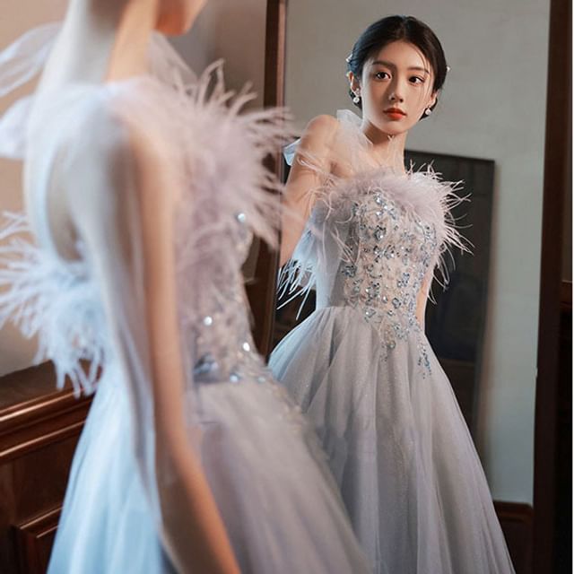 Trim Fluffy A-Line Gown Tie-Shoulder Evening Sequined