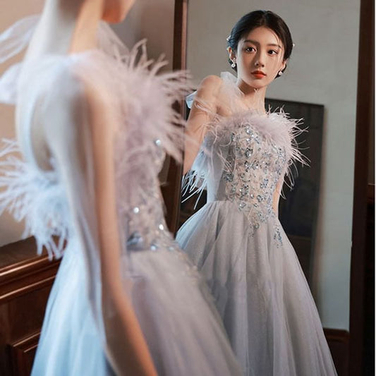 Trim Fluffy A-Line Gown Tie-Shoulder Evening Sequined