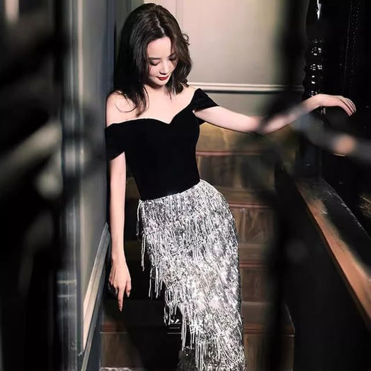 Sequined Panel Tasseled Off-Shoulder Evening A-Line Velvet Gown