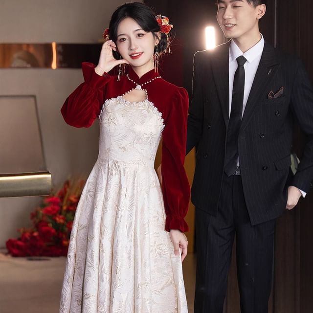 Wedding Puff-Sleeve Chinese Floral Faux Jacquard Dress Pearl A-Line