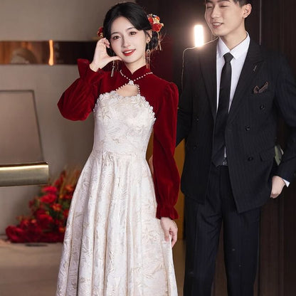 Wedding Puff-Sleeve Chinese Floral Faux Jacquard Dress Pearl A-Line