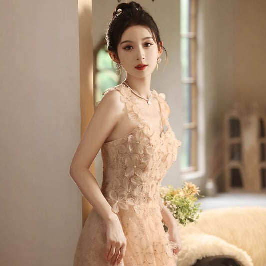 A-Line Gown Evening Wide Strap Floral