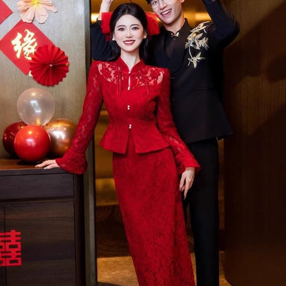 + Lace High Frog Buttoned Button-Up Waist Top Set: Midi Pencil Skirt Long-Sleeve