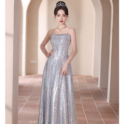 Sequined Spaghetti Gown A-Line Strap Evening