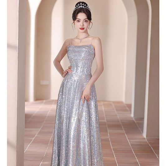 Sequined Spaghetti Gown A-Line Strap Evening