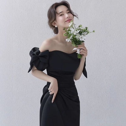 Bow A-Line Evening Gown Puff-Sleeve Off-Shoulder