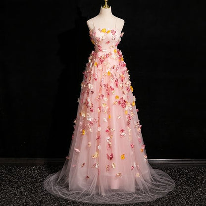 Mesh Applique Gown Strap A-Line Spaghetti Floral Evening