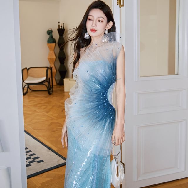 Shoulder One Evening Mermaid Gown Sequined Ombre