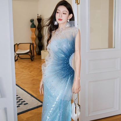 Shoulder One Evening Mermaid Gown Sequined Ombre