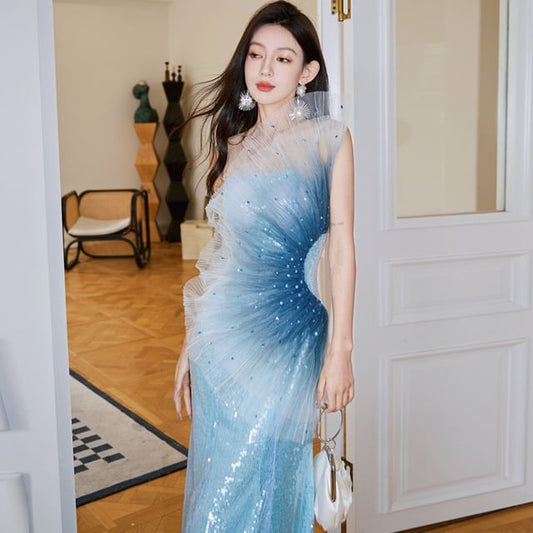 Shoulder One Evening Mermaid Gown Sequined Ombre