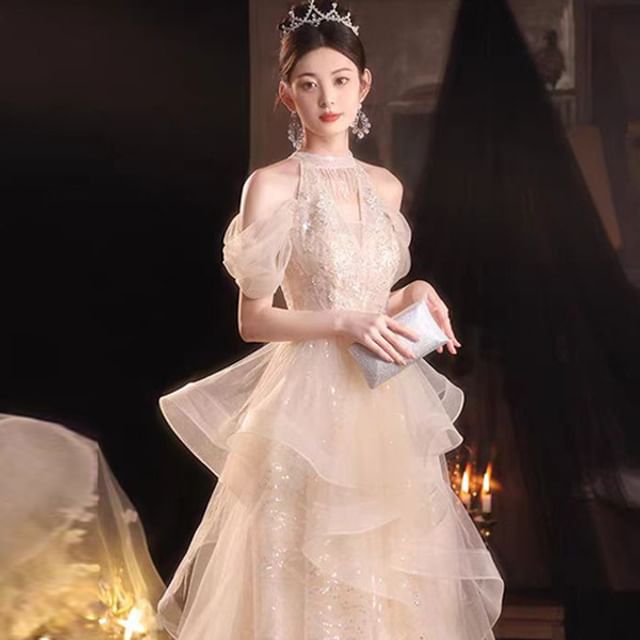 Sequined Ruffled Cold-Shoulder Gown Evening A-Line