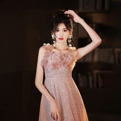 Evening A-Line Gown Strap Wide Glitter Floral