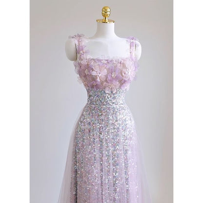 Evening A-Line Gown Strap Wide Glitter Floral