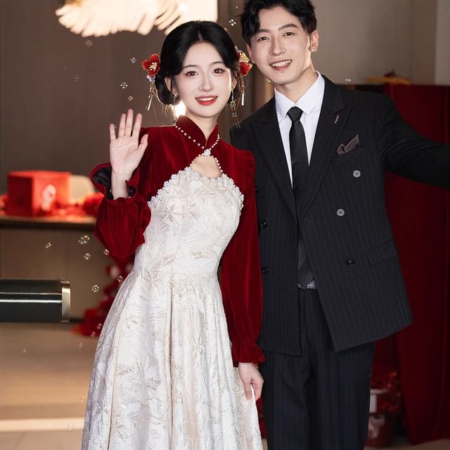 Wedding Puff-Sleeve Chinese Floral Faux Jacquard Dress Pearl A-Line